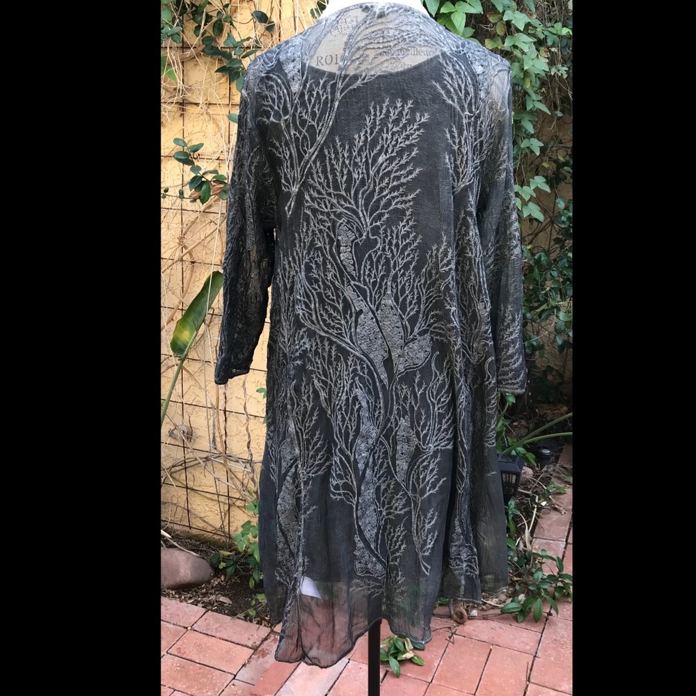 High End Boutique Slate Blue Gray Dress w/ Under-Dress Embroidered Coral Size S - Picture 7 of 16